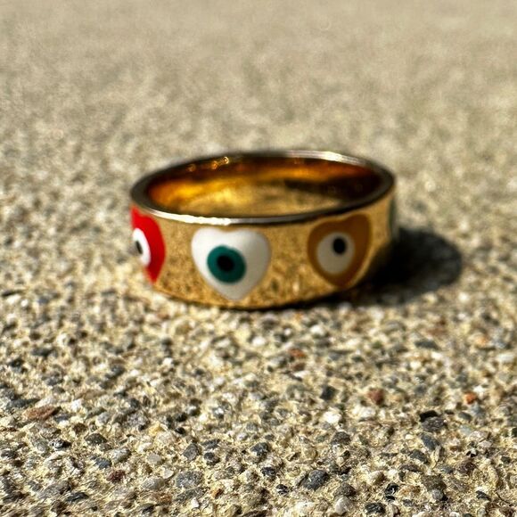 NEW Colorful Heart Design Evil Eye Protection Yellow Gold Plated Ring Size 6.5 - Picture 8 of 9